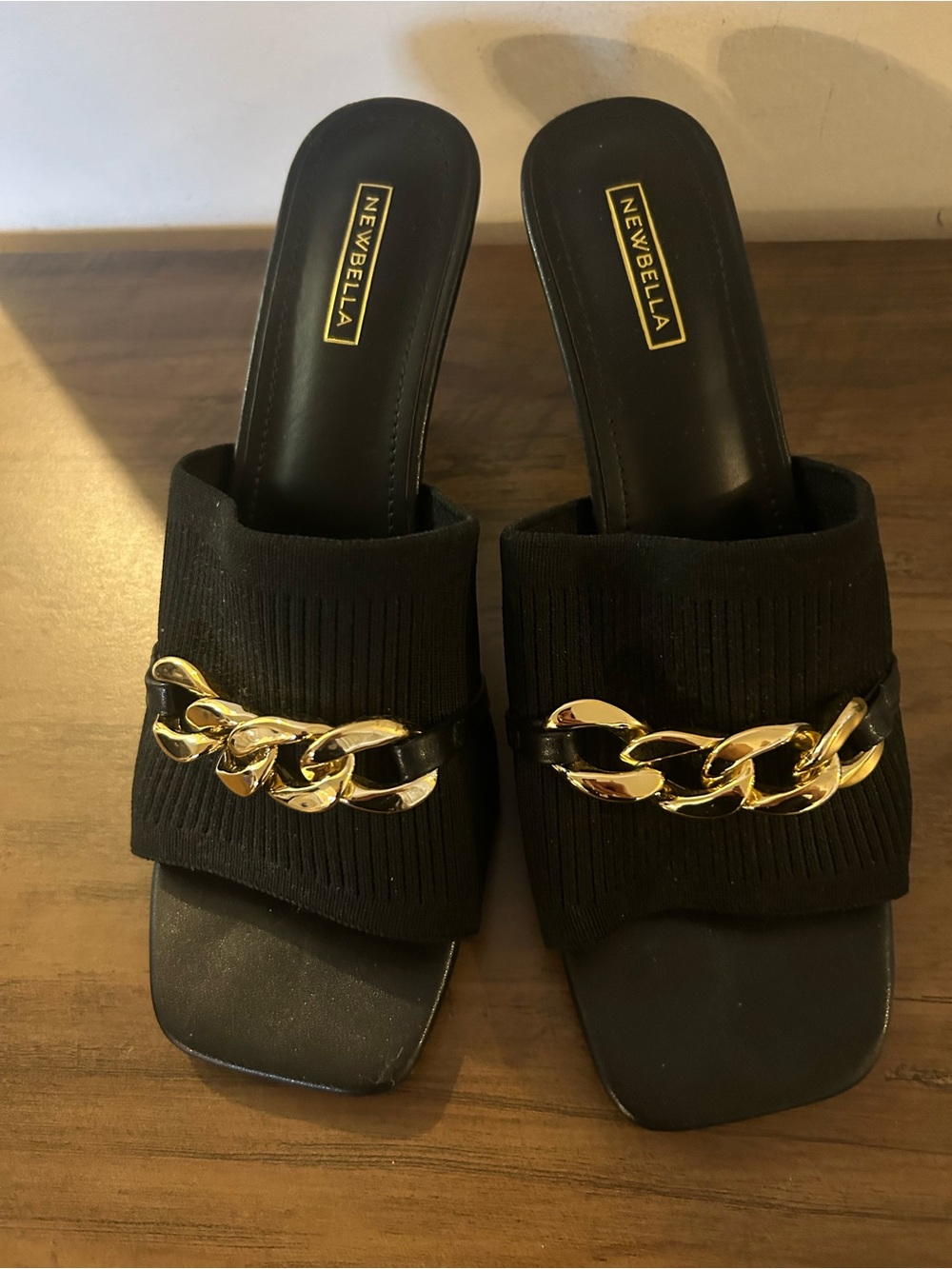 Newbella Black Slide Mules with Gold Chain Detail- Kitten Heel